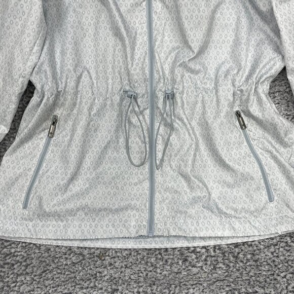 Columbia Hooded Cinched Waist Silver Gray Print Windbreaker Jacket Women's M - Picture 8 of 12